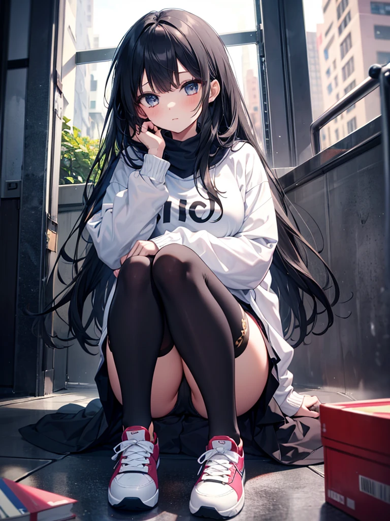 1girl,thighhighs,anklet,black hair,straight_hair,hime cut,long hair,sneakers,huge filesize,