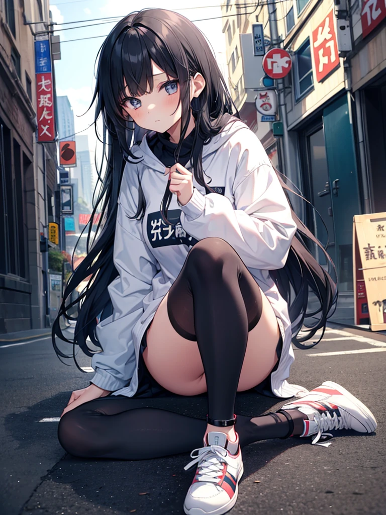 1girl,thighhighs,anklet,black hair,straight_hair,hime cut,long hair,sneakers,huge filesize,