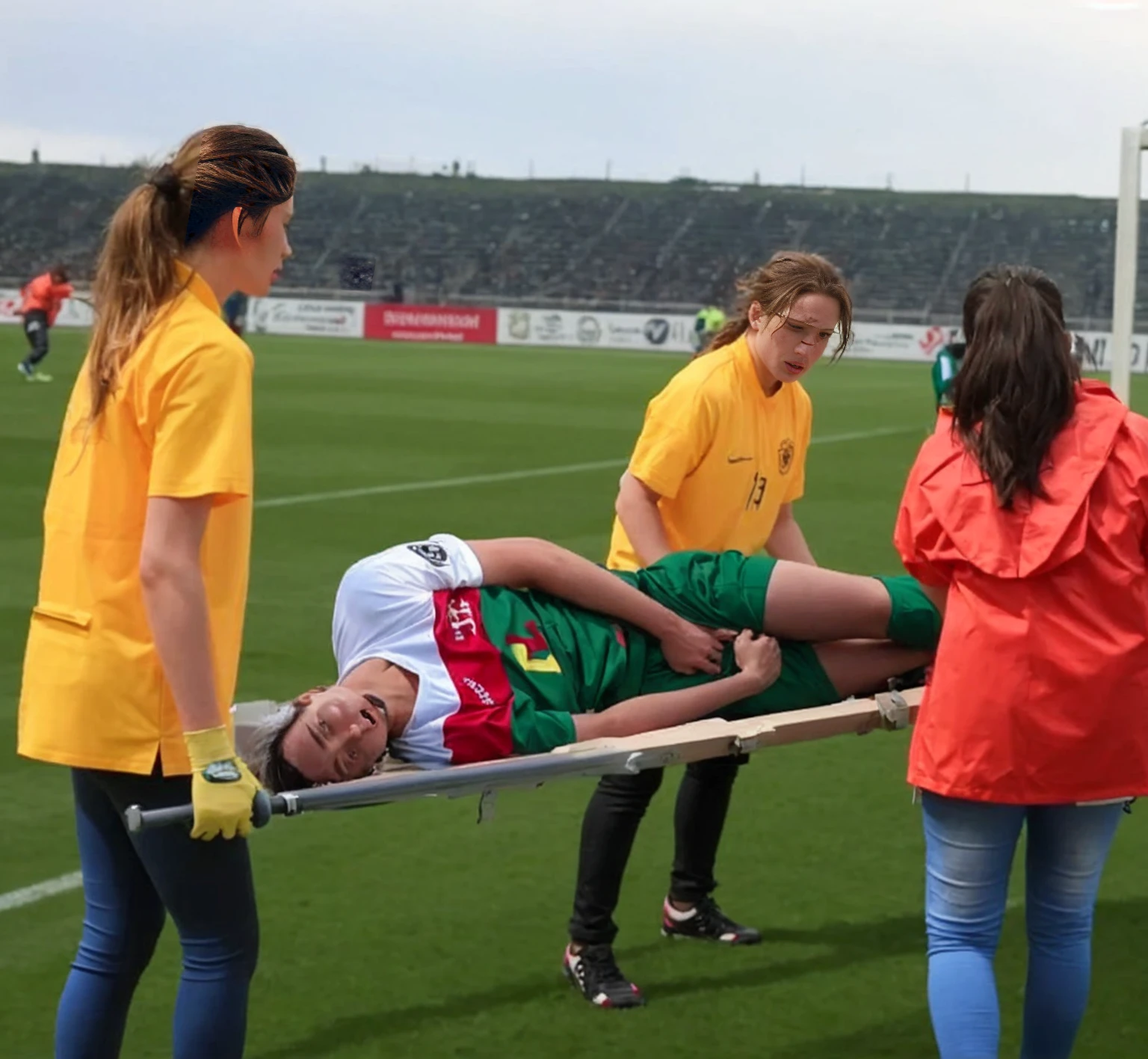 a soccer scene in a german sports stadium, injury scene in a sports stadium, stretcher carry, an injured soccer player is lying head first on his back on a stretcher and is covering his head with the hand, there are four young schoolgirls in shiny leather-trousers carrying a stretcher, there are four longhaired schoolgirls in high-shine latex-leggings who are carrying a stretcher in a german sports stadium, there is a wounded male soccer player in a short sports outfit lying head first on the stretcher, an injured male soccer player is lying head first on his back on a stretcher and is covering his agonised face with a hand, a soccer player is rearing up in intense pain while lying head first on his back on a stretcher and covering his head with a hand, dramatic scene, theatralic posing scene, dramatic pity scene, injury soccer, first aid, help, pity, there are four very angry looking schoolgirls in shiny latex-trousers who are looking very sad and very terrified and very shocked, the injured soccer player is screaming out in pain while he is carried from the pitch on a stretcher