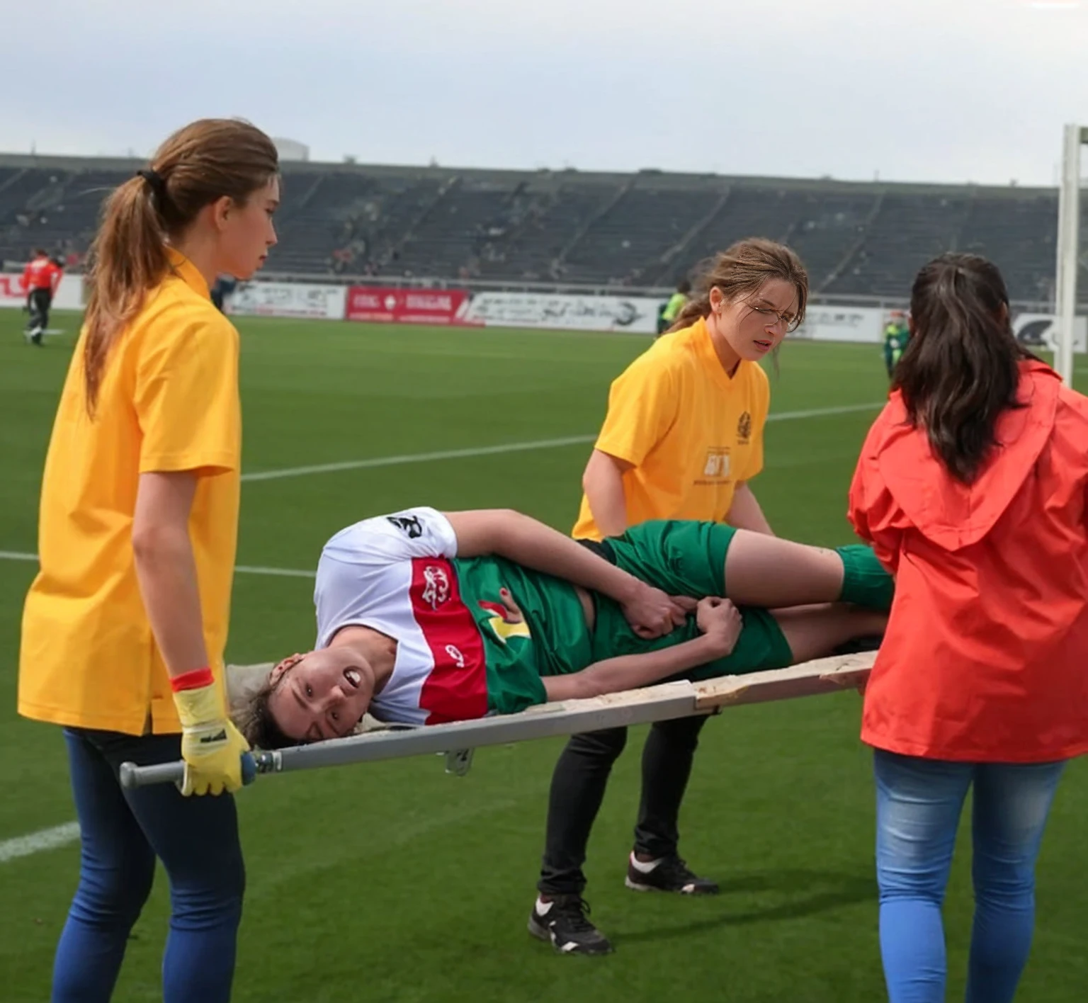 a soccer scene in a german sports stadium, injury scene in a sports stadium, stretcher carry, an injured soccer player is lying head first on his back on a stretcher and is covering his head with the hand, there are four young schoolgirls in shiny leather-trousers carrying a stretcher, there are four longhaired schoolgirls in high-shine latex-leggings who are carrying a stretcher in a german sports stadium, there is a wounded male soccer player in a short sports outfit lying head first on the stretcher, an injured male soccer player is lying head first on his back on a stretcher and is covering his agonised face with a hand, a soccer player is rearing up in intense pain while lying head first on his back on a stretcher and covering his head with a hand, dramatic scene, theatralic posing scene, dramatic pity scene, injury soccer, first aid, help, pity, there are four very angry looking schoolgirls in shiny latex-trousers who are looking very sad and very terrified and very shocked, the injured soccer player is screaming out in pain while he is carried from the pitch on a stretcher