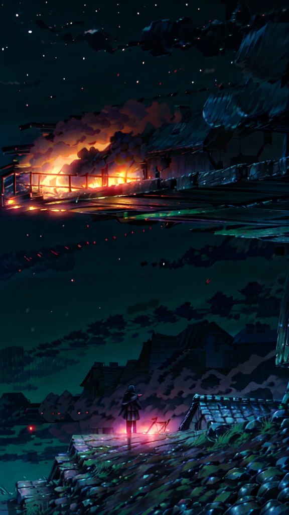 long_hair, facing_away, wind, night, sitting, sky, 1boy, light_particles, weapon, holding, outdoors, fireflies, floating_hair, from_behind, long_sleeves, black_hair, night_sky, sword, 1girl, blue_theme, glowing, sash, scenery