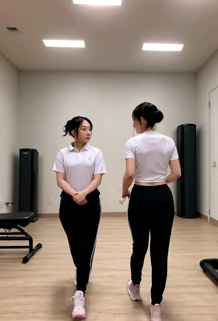 There are two people、One is a female physical therapist in her 20s.、Wearing Casey、Hair tied up、One is a man in his 50s、Doing walking training、Facing forward、Location: Training room、Exercise equipment can be seen at the back of the room.