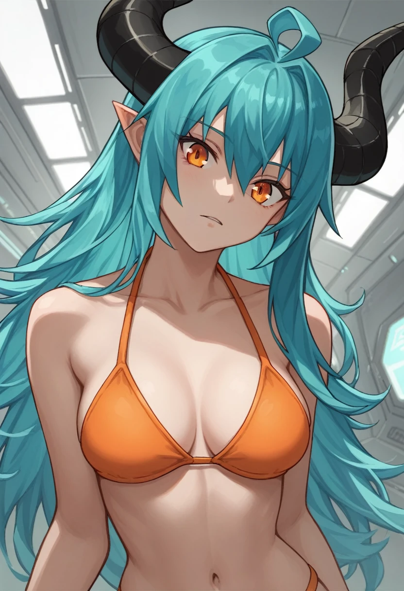 score_9, score_8_up, score_7_up,1 daemon woman, straight demon horns, (black horns), vertical horns, black demon tail, (aquamarine hair),aquamarine green color hair,ahoge, long hair, (long hair),bangs, light orange bikini,bikini is orange, bikini orange, orange bikini!, (orange eyes), background is spaceship, orange eyes, 1woman ,facing viewer, daemon girl, close up,Well-endowed, alone,Spacecraft interior