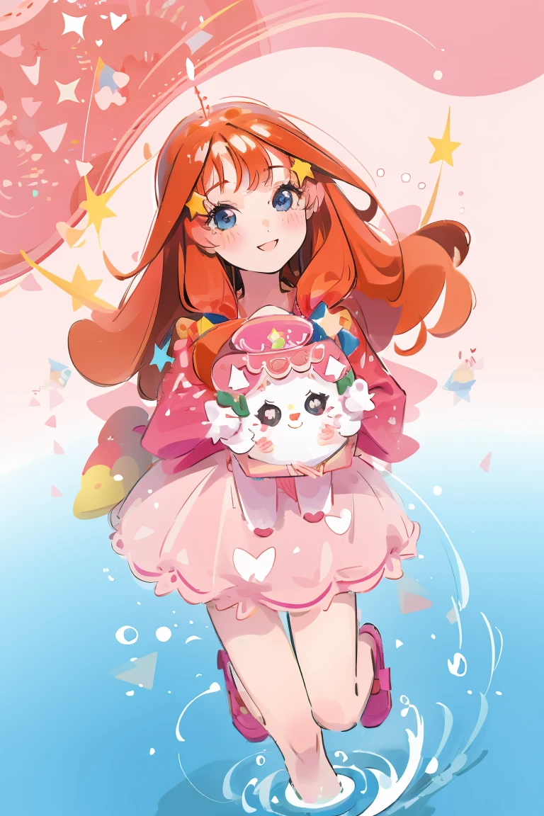 ((best quality)), ((masterpiece)), (detailed), perfect face, 1girl, nakano itsuki, smiling, whimsical, triad color pallette, looking at viewer, pink water droplets, smiling, flat colouring, full body, blank space on the left, fluffy red hair, star hairclips