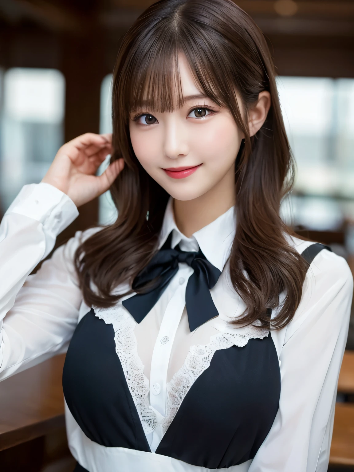 Tabletop, Highest quality, shape, Very detailed, In detail, High resolution, 8k wallpaper, Perfect dynamic composition, Beautiful details, White Magic Academy Uniform, Natural Lip, Big Breasts, Exposing the breasts,Asymmetrical Wave Hairstyle, smile, White Background