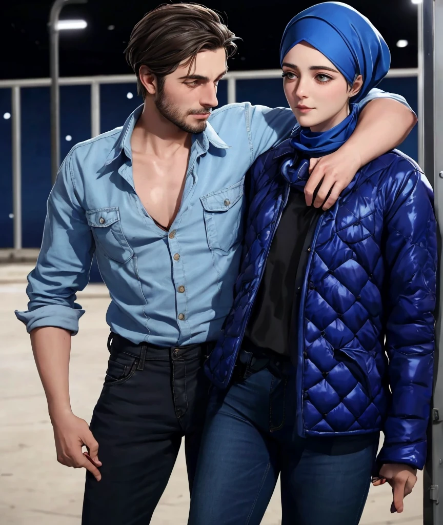 A young German man in a blue cotton shirt and jeans and a Syrian woman in a shiny plastic quilted coat and blue satin headscarf stand arm in arm in front of a refugee shelter, A German man in a cotton shirt and jeans is injured and is supported by a Syrian woman, A Syrian woman wearing a shiny plastic down coat supports an injured short-haired man, who can't walk alone, A Syrian woman wearing a headscarf holds an injured short-haired man in her arms, compassion, accident, injury, first aid, theater, ultra-realistic, photo