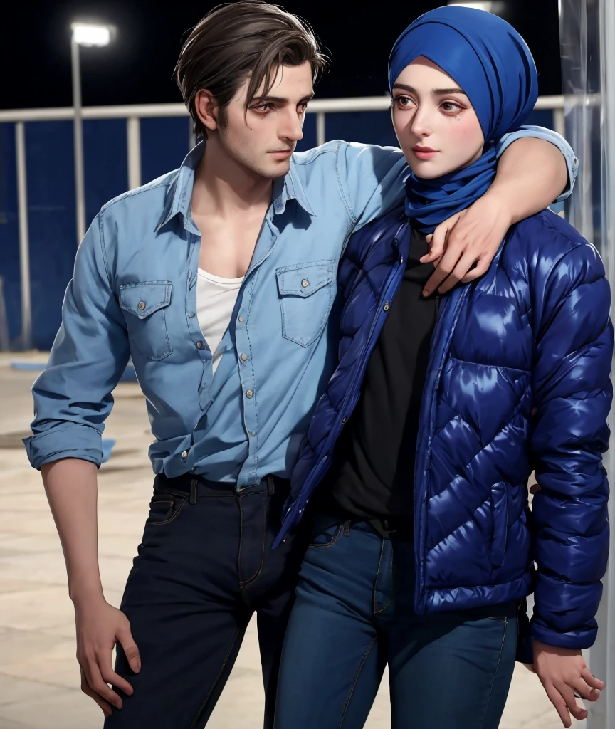 A young German man in a blue cotton shirt and jeans and a Syrian woman in a shiny plastic quilted coat and blue satin headscarf stand arm in arm in front of a refugee shelter, A German man in a cotton shirt and jeans is injured and is supported by a Syrian woman, A Syrian woman wearing a shiny plastic down coat supports an injured short-haired man, who can't walk alone, A Syrian woman wearing a headscarf holds an injured short-haired man in her arms, compassion, accident, injury, first aid, theater, ultra-realistic, photo