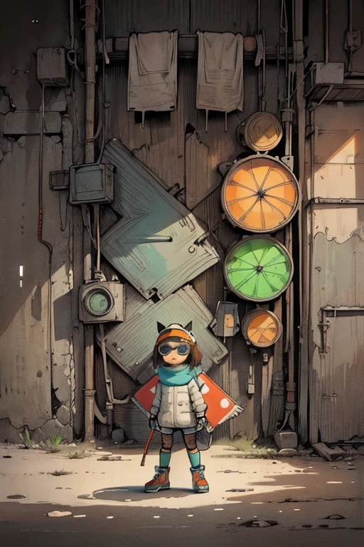 (ultra detailed,ultra high res,detailed background),((2D)),((flat color)),((muted color)),((floating neon)),1girl,solo,looking at viewer, spray paint, graffiti, girl in a white fencing suit, long plush scarf, full body image, adult woman, anatomically perfect face, face in focus, symmetrical face, rollerskates, wearing a poker visor and big sunglasses,