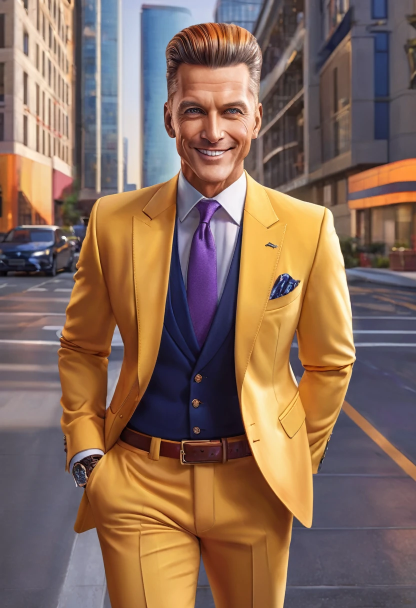 Masculine, tall, slicked back with elegant and modern quiff, middle-aged, front view, tanned, smooth, radiant, healthy skin, bright, navy blue eyes, with highlights, wearing yellow suit with orange details, confident smile, mouth semi-open, relaxed expression, salmon and deep red hair, pompadour hairstyle, shiny, detailed, navy blue earrings, yellow suit with orange details, elegant, purple pants, light brown tennis shoes, many accessories, full body, wearing a motorcycle, modern city background, office building, elegant, illuminated, 8k quality, extremely detailed, masterpiece, high resolution, realistic skin texture, hyper realistic, increase resolution, raw photos, best quality, highly detailed, background screen, cinematic lighting, ray trace, golden ratio, dynamic angle, close-up of face, looking at viewer, in elegant position, best posture
