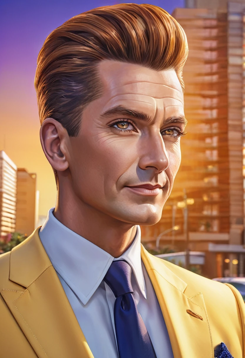 Masculine, tall, slicked back with elegant and modern quiff, middle-aged, front view, tanned, smooth, radiant, healthy skin, bright, navy blue eyes, with highlights, wearing yellow suit with orange details, confident smile, mouth semi-open, relaxed expression, salmon and deep red hair, pompadour hairstyle, shiny, detailed, navy blue earrings, yellow suit with orange details, elegant, purple pants, light brown tennis shoes, many accessories, full body, wearing a motorcycle, modern city background, office building, elegant, illuminated, 8k quality, extremely detailed, masterpiece, high resolution, realistic skin texture, hyper realistic, increase resolution, raw photos, best quality, highly detailed, background screen, cinematic lighting, ray trace, golden ratio, dynamic angle, close-up of face, looking at viewer, in elegant position, best posture