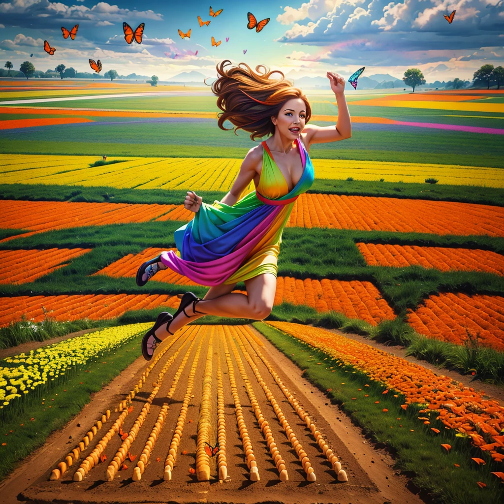 A woman in rainbow color gown jumping and running over a huge chess board mixed placed in a field of carrots, surrounding by different color  butterflies, (HDR quality 4k, 8k, high quality)