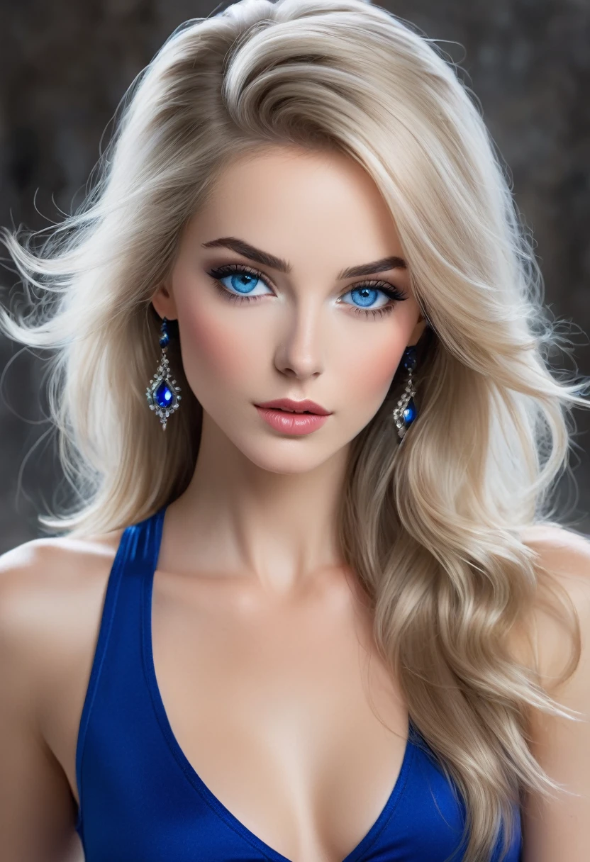 A beautiful woman who has cerulean blue eyes, a pointed aristocratic nose, rosy high cheeks, and kissable lips. Her hair is long and straight and its color is mettalic black. She looks confident and has an air of elegance and mystery in her eyes. She is tall and she wears a royal blue signature tank top and a tight fitting white pants and white four inches boots. In her hand, a blast of tornado is coming out, it serves as her power.