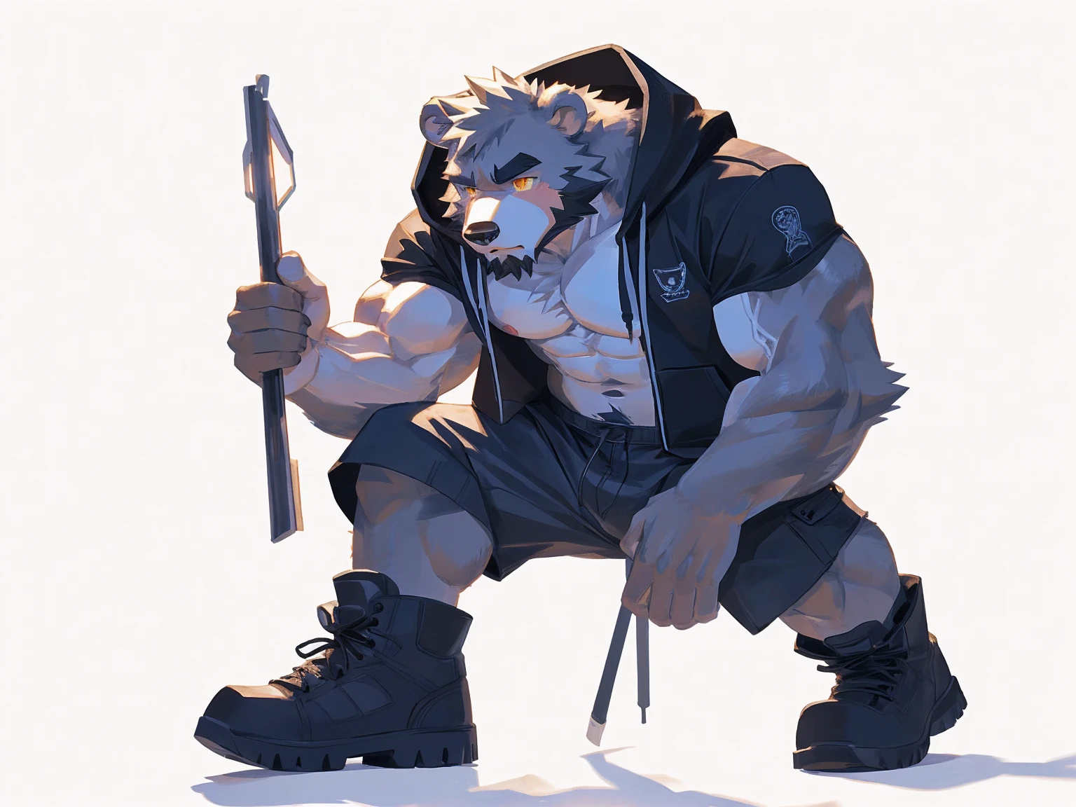 (masterpiece:1.2), best quality,pixiv,official art,perfect anatomy, (Ray tracing, light),solo, (1_male:1.3) , (muscle), (gray fur:1.4), (muscle bear), (beard:1.2), (gleaming golden eyes), Thick black eyebrows, (open hoodie:1.3), (naked inside:1.2), cargo shorts, boots, standing alone, unhappy ,  (pure white background with a big hourglass :1.3) , less background