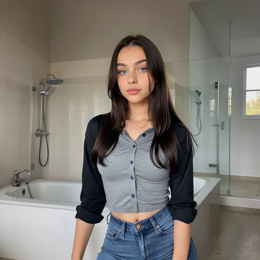 a beautiful 14 year old Russian teenage Ukrainian girl with blue eyes , taking a selfie with face of young girl with perfect body big eyes , wide fleshy lips thin upturned nose, with a fine face like a barbie , normal somewhat large voluminous  ,very long and very straight black hair, wearing dark jeans and a big button shirt , 14 years old, very tender face , Teenage girl with blue eyes posing very  wearing a gray t-shirt and casual night clothes in the bathroom ,straight hair. a very attractive teenage girl  , posing from Ukraine beautiful girl 14 year old girl cute beautiful masterpiece black clothes masterpiece
