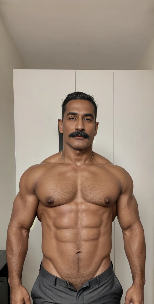 1boy, indian, solo, facial hair,34 yrs old, dom, male focus, flaccid penis, bald head, pectorals, bara, muscular, BundeswehrAlpha, signature mustache, mature male, muscular male, abs, beard, short hair, navel,thick eyebrows, dark-skinned male, erection, thighs, erection under clothes, fancy suit, dark skin, tie, tight shirt, tight pants, tie, open jacket, grey business suit, cowboy shot, cop agent uniform, feet out of frame, thick thighs, looking at viewer, masterpiece, 4k, high quality, highres, absurdres,