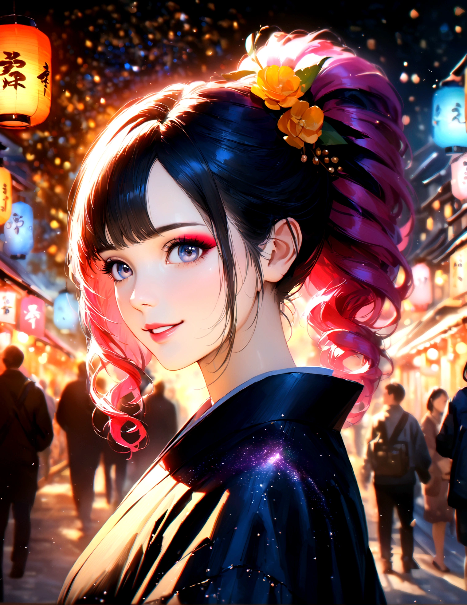 Kyoto, kimono,Maiko makeup,Blur the background,young woman,smile,Glitter effect,Highest quality, 8K, High resolution, masterpiece:1.2, Very detailed, Realistic:1.37, High resolution, 超High resolution, Ultra-fine painting, Professional, Vibrant colors