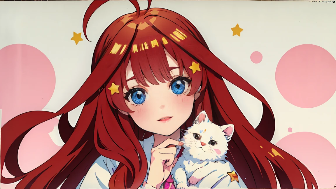 ((best quality)), ((masterpiece)), (detailed), perfect face, 1girl, nakano itsuki, smiling, whimsical, triad color pallette, hugging knees, looking at viewer, pink water droplets, smiling, flat colouring, full body, blank space on the left, fluffy red hair, star hairclips