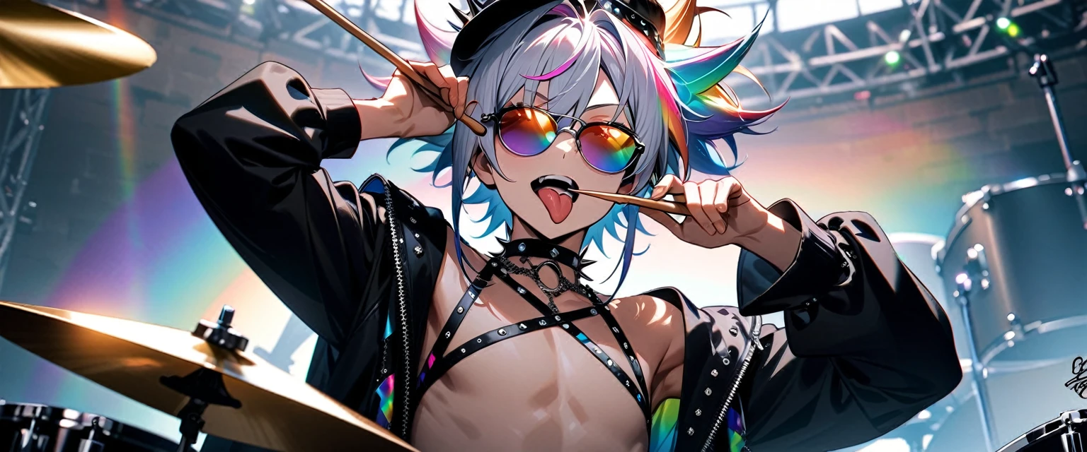 (((masterpiece,Highest quality))),(((A male anime character wearing a revealing enamel visual kei outfit with sunglasses and a multi-colored, spiky hairstyle, sitting at a drum set))),((Wearing a small hat at an angle)),((Fortress-like drum set)),(((Sticking out his tongue and holding up drumsticks))),Focus on the upper body,(high quality),アニメ,rainbow highlights