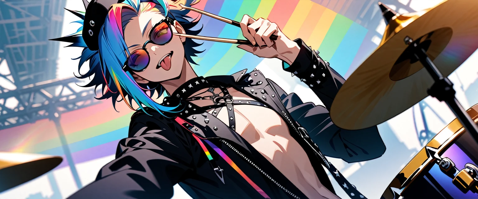 (((masterpiece,Highest quality))),(((A male anime character wearing a revealing enamel visual kei outfit with sunglasses and a multi-colored, spiky hairstyle, sitting at a drum set))),((Wearing a small hat at an angle)),((Fortress-like drum set)),(((Sticking out his tongue and holding up drumsticks))),Focus on the upper body,(high quality),アニメ,rainbow highlights