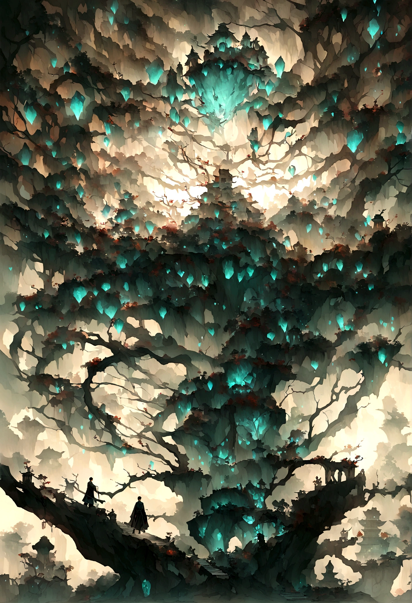 grotto,forest,Glowing stones suspended in the air,White light,A boy standing below,short hair,((Chinese style,Immortal World,Xianxia World))