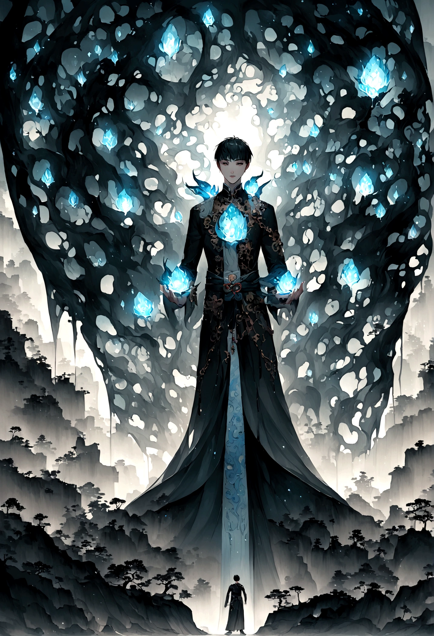 grotto,forest,Glowing stones suspended in the air,White light,A boy standing below,short hair,((Chinese style,Immortal World,Xianxia World))