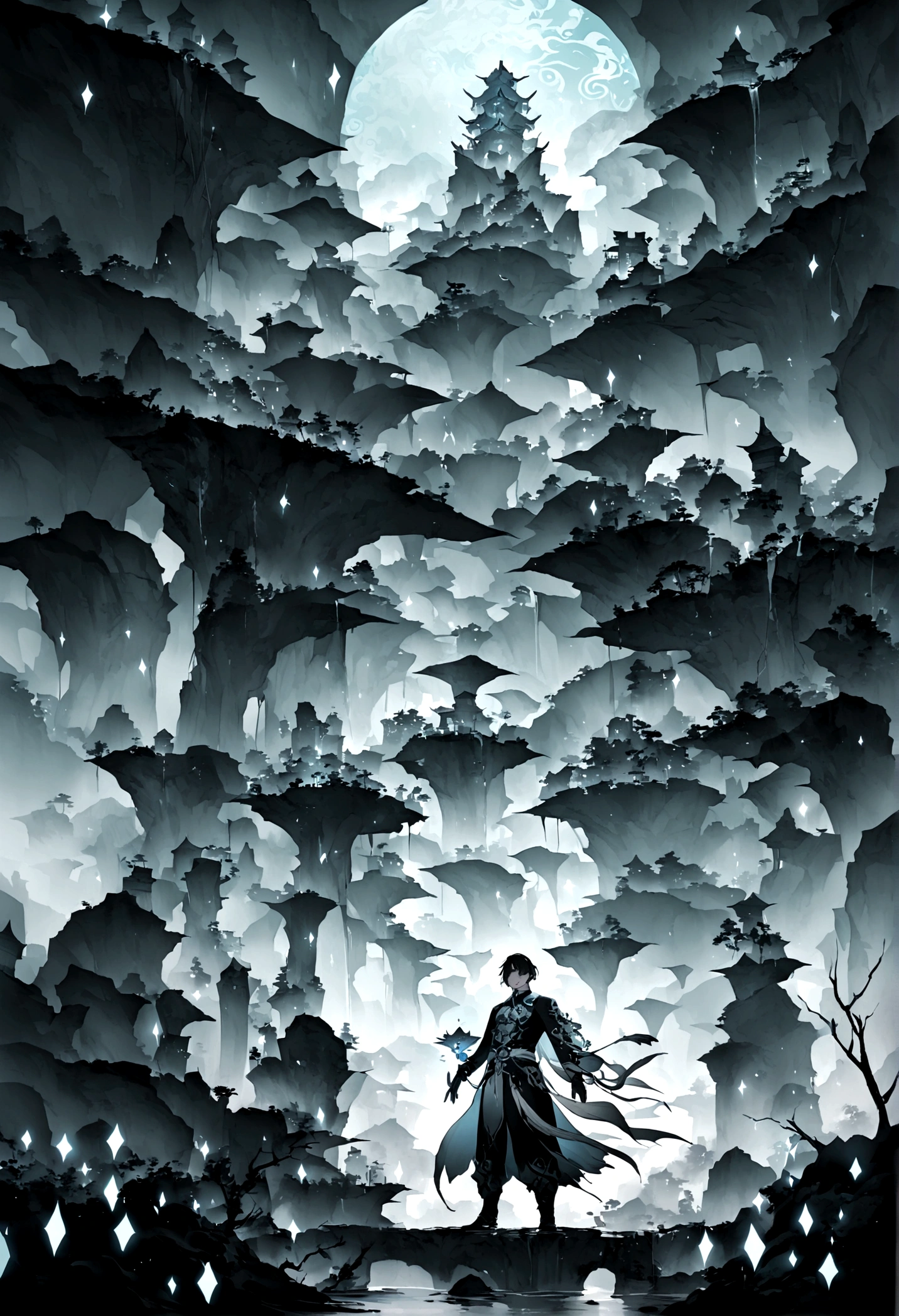 grotto，forest，Glowing stones suspended in the air，White light，A boy standing below，short hair，((Chinese style，Immortal World，Xianxia World))