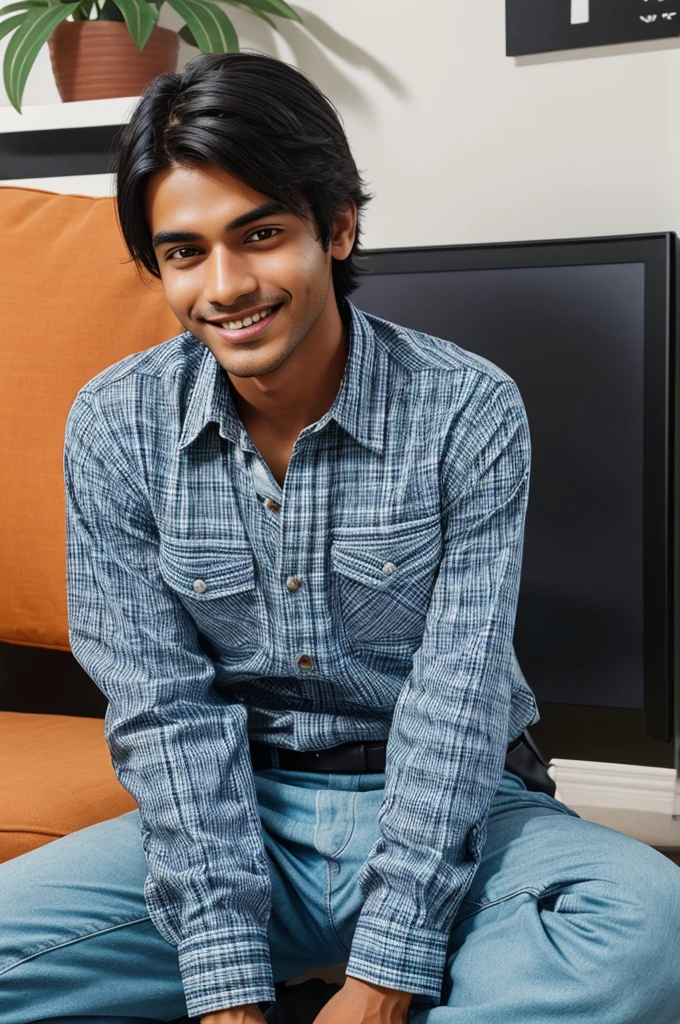 Create an animated character in 3D illustration style for me based on my information. First, I am casually sitting on top of a Instagram logo and smiling. Second, my personal traits are young Indian male wearing plaid shirt and holding a computer with a smile. Third, the background is a simple transparent social media homepage with no character's face. Hyper realistic. High definition. High contrast. High resolution. High color saturation. Intricate detail.