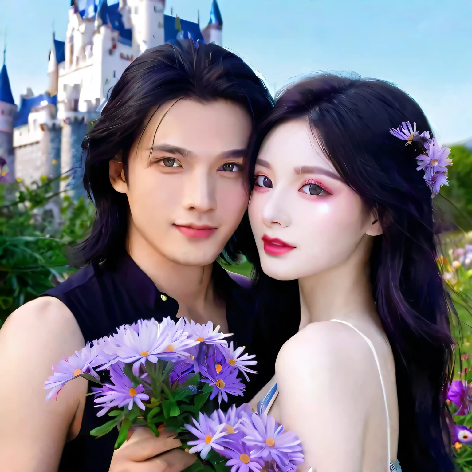 blue castle, black hair girl, black eyes girl, and white skin man with blue eyes couple, aster purple flower