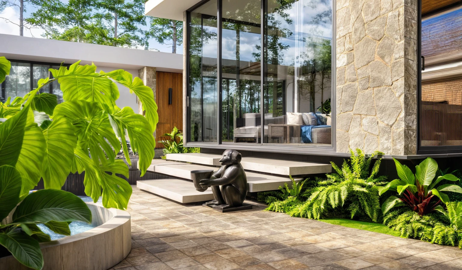 Masterpiece, high quality, best quality, authentic, super detail, outdoors, house style modern,bietthuhn, white wall, glass windows, gate road,pavement, grass, trees,blue sky, cloud, (day:1.1), realistic lighting