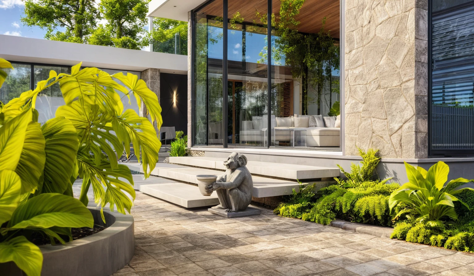 Masterpiece, high quality, best quality, authentic, super detail, outdoors, house style modern,bietthuhn, white wall, glass windows, gate road,pavement, grass, trees,blue sky, cloud, (day:1.1), realistic lighting