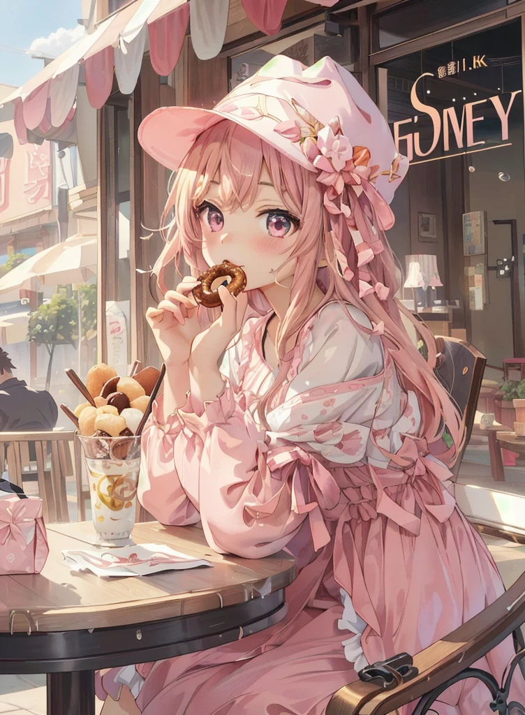 anime girl in pink dress eating a donut at a table, kawacy, anime visual of a cute girl, anime art wallpaper 4k, anime art wallpaper 4 k, anime art wallpaper 8 k, cute anime girl, 4k anime wallpaper, best anime 4k konachan wallpaper, splash art anime loli, anime style 4 k