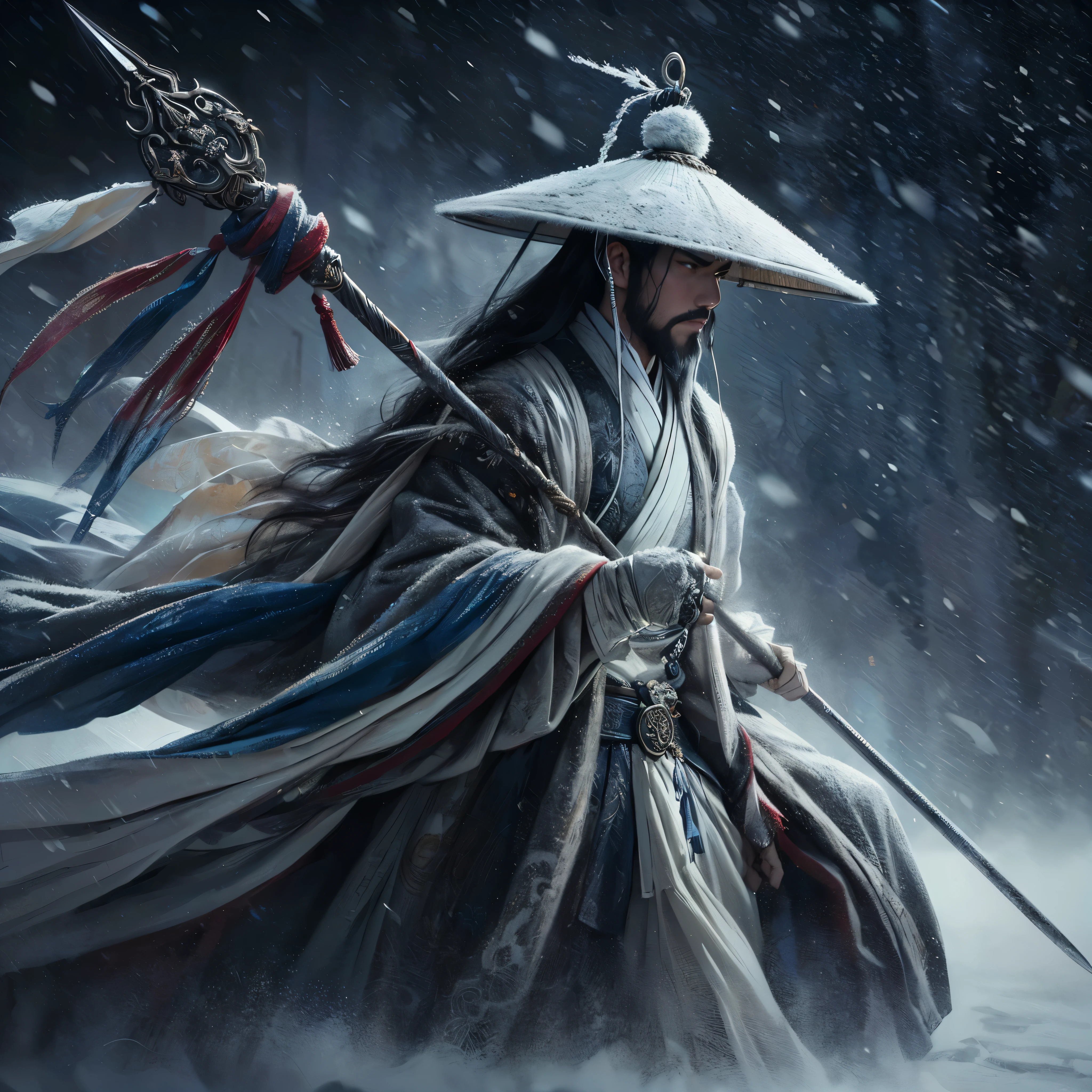 (Masterpiece:1.2), (Best Quality:1.2), (high resolution:1.2), (beautiful face and eye:1.2), (sharpest focus:1.2), (Ultra-realistic Photo:1.2), (Ultra-precise Photo:1.2), (Depth of field:1.2), (perfect :1.2), (nice hands:1.2), 
(perfect hands:1.2), (five fingers:1.2), (Young, fearless, beautiful, shady Chinese man:1.0), (Lonely Chinese warrior with spear:1.0), (Neatly trimmed short beard and tied hair:1.0), (Blazing Chinese period drama style fortress:1.0), 
(long spear with serpentine blade and ornate decoration:1.0), (white tsubakuhiro cap and cloak:1.0), (white armor with red, blue, and yellow coloring:1.0), (snowstorm:1.0), (melancholy expression:1.0), (picturesque standing figure:1.0),