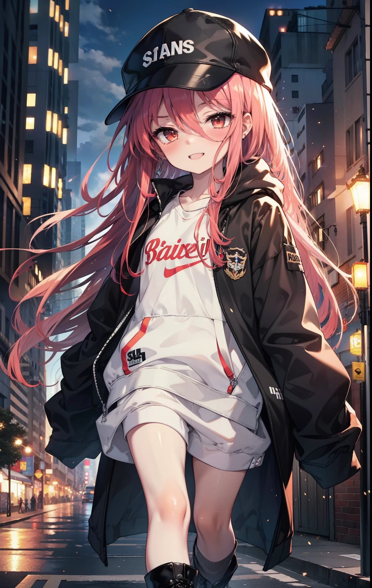 Shana,灼眼のShana,Long Hair, Redhead, Red eyes,happy smile, smile, Open your mouth,Baseball cap,Oversized black hoodie,Black long skirt,short boots,evening,Sunset,The sun is setting,walking,whole bodyがイラストに入るように, break outdoors, construction area, break looking at viewer, whole body, break (masterpiece:1.2), Highest quality, High resolution, unity 8k wallpaper, (shape:0.8), (Beautiful attention to detail:1.6), Highly detailed face, Perfect lighting, Highly detailed CG, (Perfect hands, Perfect Anatomy),