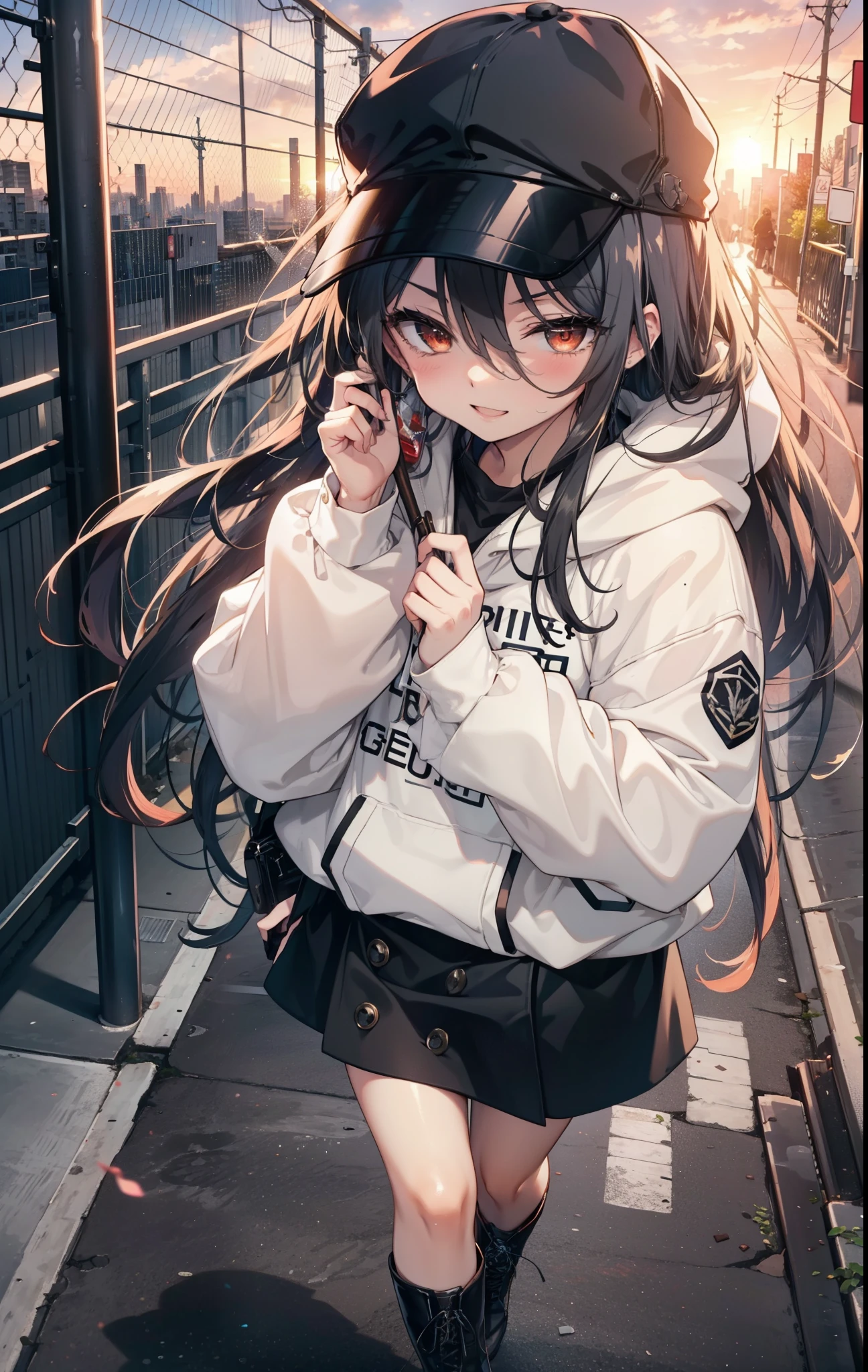 Shana,灼眼のShana,Long Hair, Redhead, Red eyes,happy smile, smile, Open your mouth,Baseball cap,Oversized black hoodie,Black long skirt,short boots,evening,Sunset,The sun is setting,walking,whole bodyがイラストに入るように, break outdoors, construction area, break looking at viewer, whole body, break (masterpiece:1.2), Highest quality, High resolution, unity 8k wallpaper, (shape:0.8), (Beautiful attention to detail:1.6), Highly detailed face, Perfect lighting, Highly detailed CG, (Perfect hands, Perfect ),