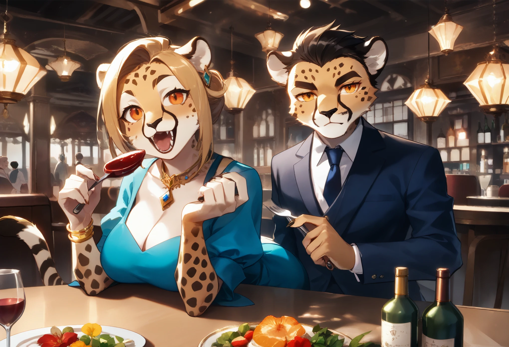 score_9, score_8_up, score_7_up, score_6_up, score_5_up, score_4_up,source_anime, source_furry,rating_safe,(cheetah:1.5) female\(furry,20s, elegant, beautiful, fluffy fur, slender, long legs, cat family eyes, big slit eyes, long eyelashes, big mouth, sharp teeth, big breasts, brave,tube dress\( tight, short, white \), blue sunglasses\(eyes peeking through\), high heels, lots of sparkly accessories,disturbed face,sitting) is eating a thick rare steak\(on the table,blood dripping\) with a fork and knife, BREAK ,background\(at a gorgeously decorated steak restaurant, on the table\(white satin tablecloth\) are wine\(red,glasses,bottles\) and flowers, waiter\(cheetah man, sommelier,standing\) is waiting quietly, BREAK ,quality\(8k,wallpaper of extremely detailed CG unit, ​masterpiece,hight resolution,top-quality,top-quality real texture skin,hyper realisitic,increase the resolution,RAW photos,best qualtiy,highly detailed,the wallpaper,cinematic lighting,ray trace,golden ratio\)