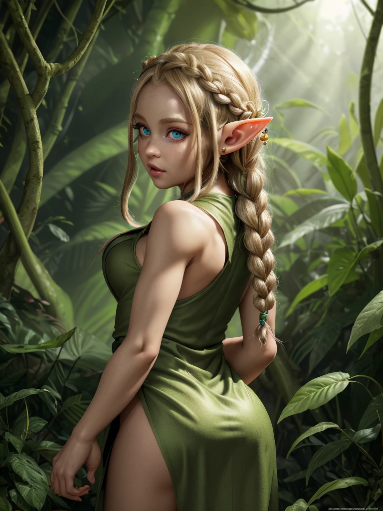 female cute elf, (anatomical biometrical hands), in a jungle, two braid hair, ((wearing elf dress)), cute face, full body, looking back (hyper detailed eyes, hyper detailed face), 16k, 8k, RAW photo, best quality, masterpiece, high detail RAW color photo, dramatic lighting, cinematic lighting, back light, professional lighting