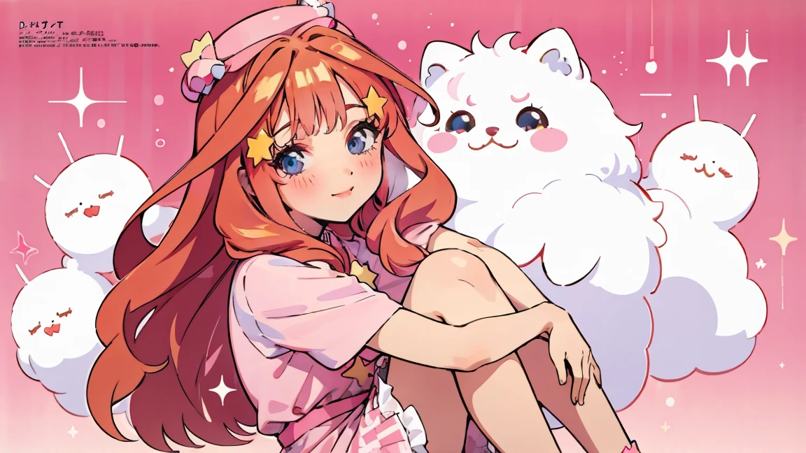 ((best quality)), ((masterpiece)), (detailed), perfect face, 1girl, nakano itsuki, smiling, whimsical, triad color pallette, hugging knees, looking at viewer, pink water droplets, smiling, flat colouring, full body, blank space on the left, fluffy red hair, star hairclips