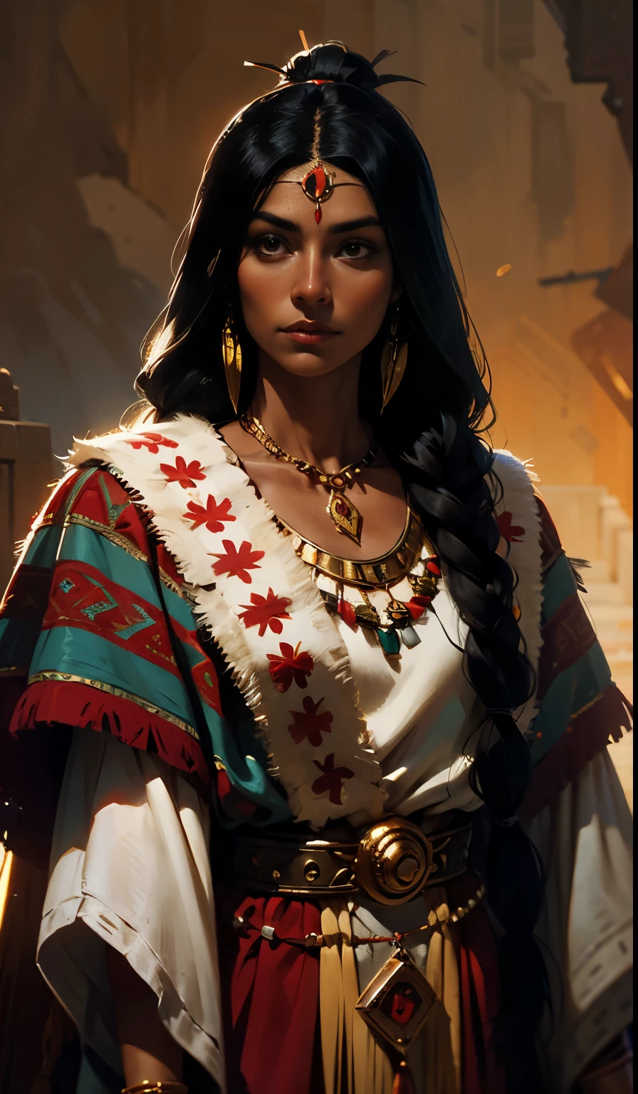 native American, the era of colonization, Aztecs, Maya, Incas, a woman with long black hair, dark skin, golden eyes, feather jewelry, traditional Indian clothing.