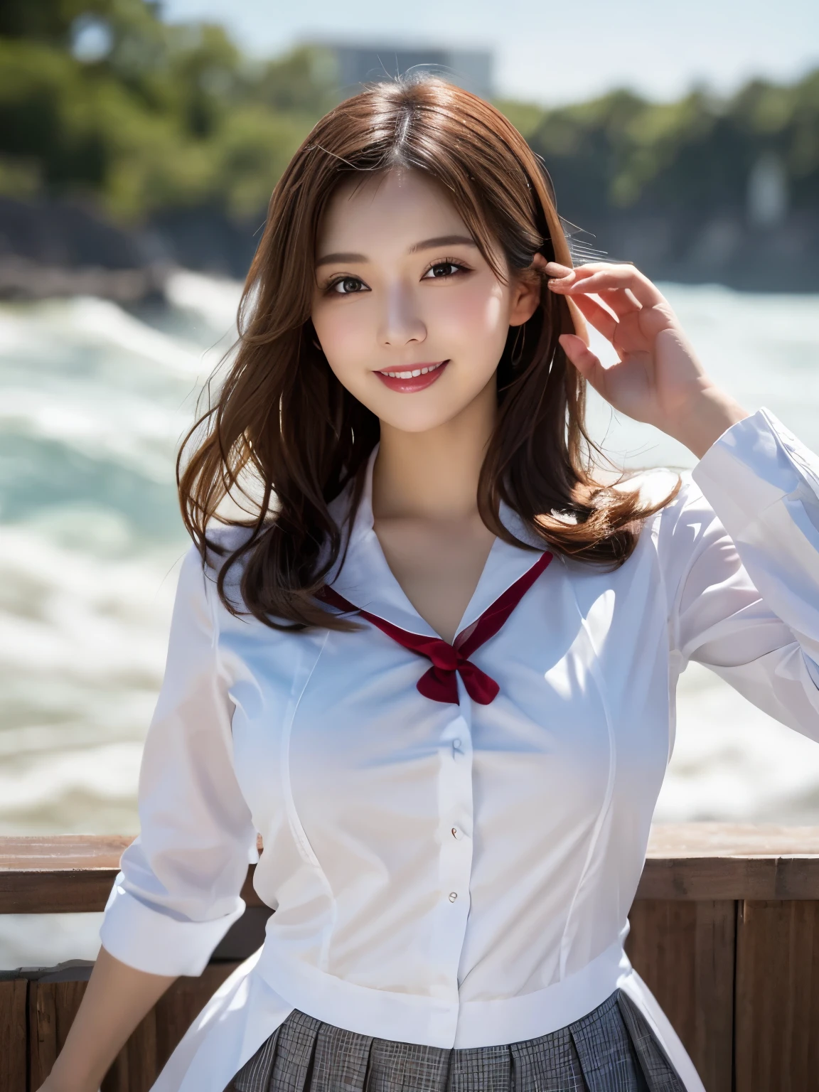 Tabletop, Highest quality, shape, Very detailed, In detail, High resolution, 8k wallpaper, Perfect dynamic composition, Beautiful details, White Magic Academy Uniform, Natural Lip, Big Breasts, Exposing the breasts,Asymmetrical Wave Hairstyle, smile, White Background