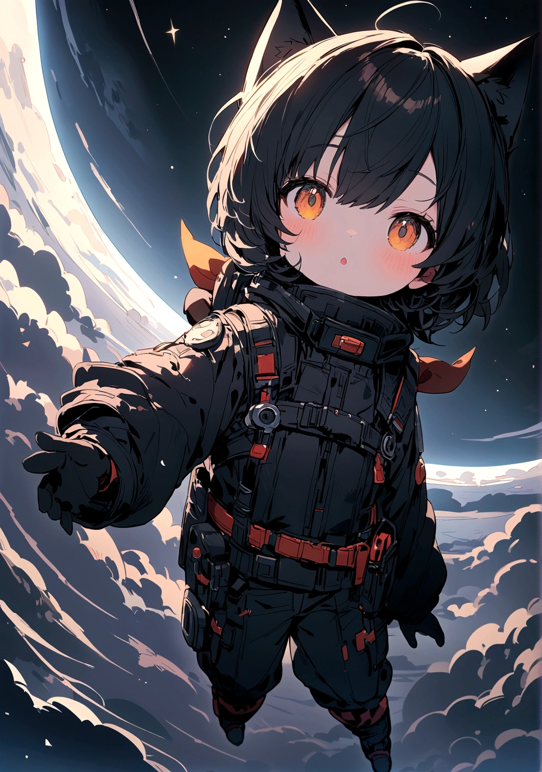 Very cute black cat on the moon、