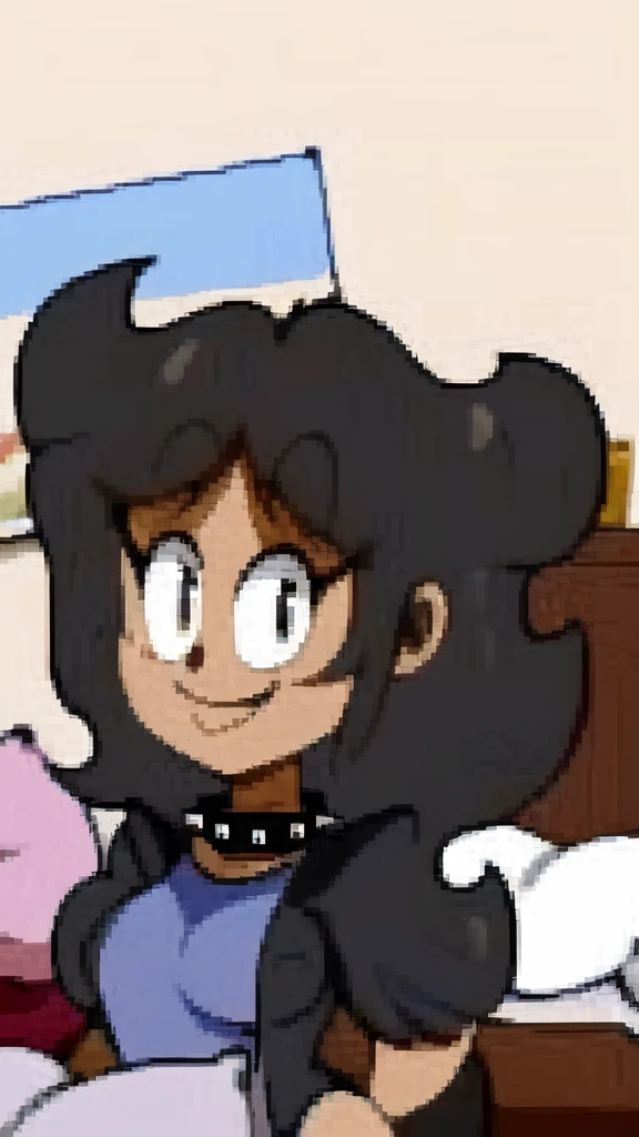 lilypixels, 1girl, solo, smile, (((bedroom))), long hair, black hair, puffy sleeves, black eyes, dark-skinned, blue shirt, spiked collar,