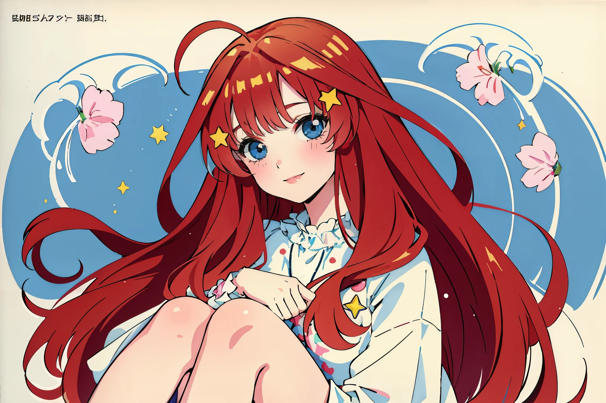 ((best quality)), ((masterpiece)), (detailed), perfect face, 1girl, nakano itsuki, smiling, whimsical, triad color pallette, hugging knees, looking at viewer, pink water droplets, smiling, flat colouring, full body, blank space on the left, fluffy red hair, star hairclips