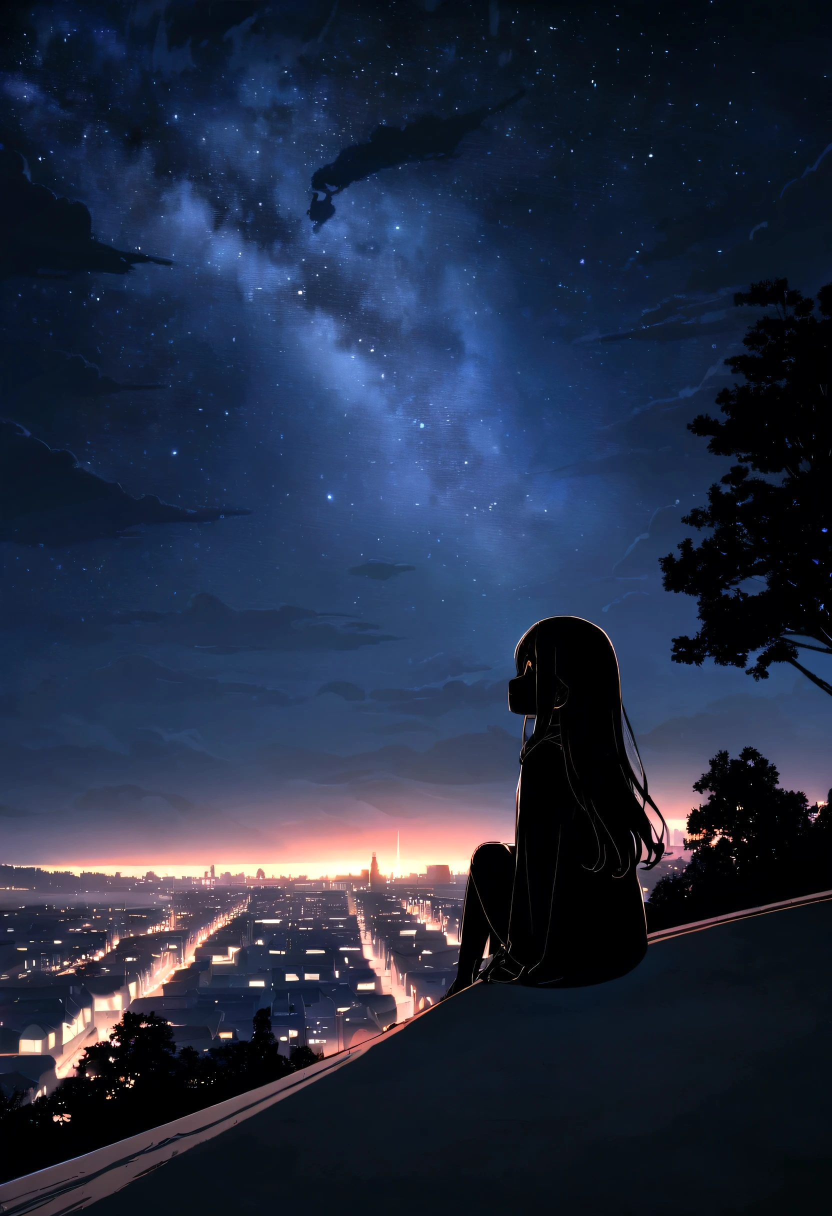 octane, sky, Star (sky), scenery, Starry sky, Night, 1girll, Night sky, Solo, Outdoors, Building, Cloud, Milky Way, Sitting, tree, Long hair, City, Silhouette, Cityscape, Looking Up The Sky, 8K, Beautiful night sky, Ray tracing, Masterpiece, Cute face