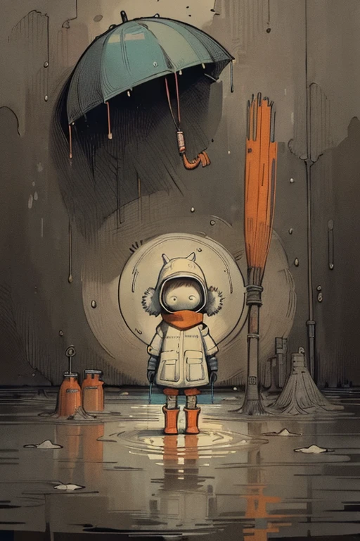 (ultra detailed,ultra high res,detailed background),((2D)),((flat color)),((muted color)),((floating neon)),1solo,looking at viewer, graffiti, white hazmat suit, (big red rain boots), plush scarf, full body image, european umbrella, skill helmet, big red gloves