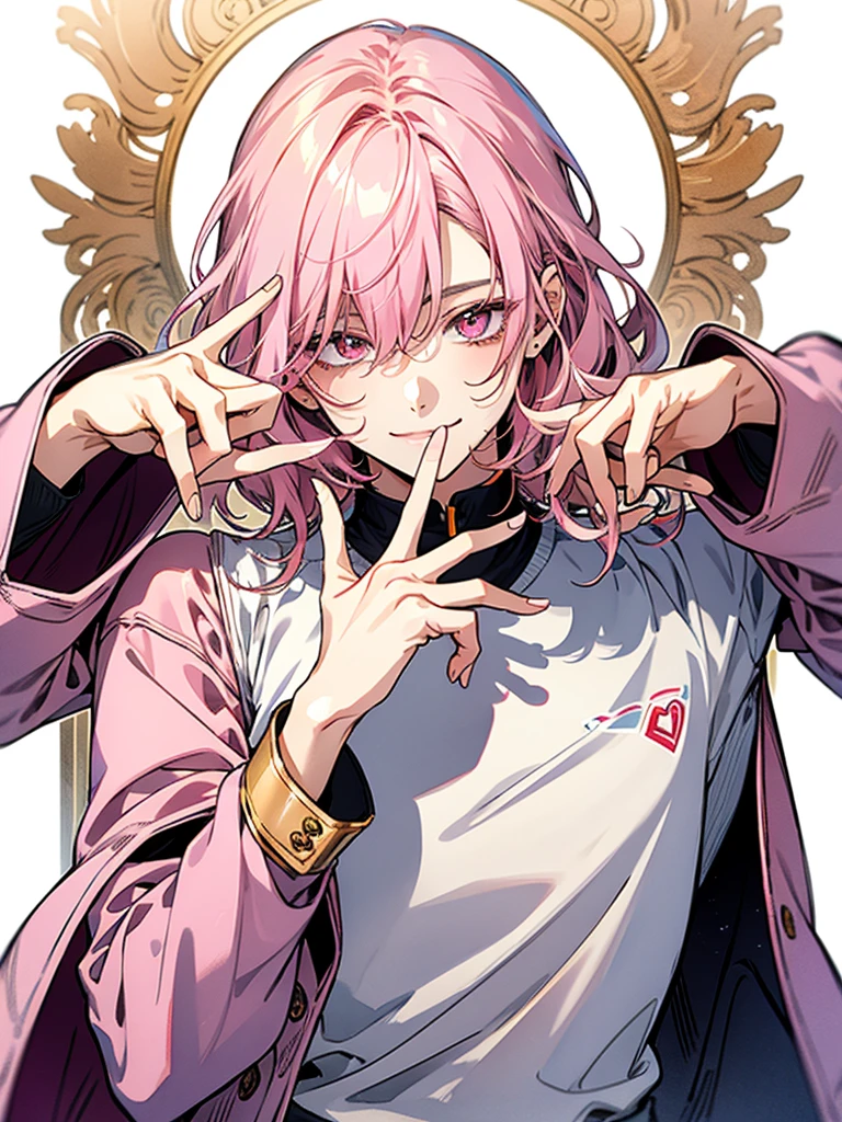 clear line drawing, transparent watercolor, clear shading, beautiful young man, slim,finger heart, Fashionable everyday wear, convey love, inner strength, ❤️, loves it,high quality, Amount to draw, pixiv illustration,smile, {{{man make heart symbol with fingers,make heart symbol with index fingers and middle fingers}}},mail,pink hair,pink eyes