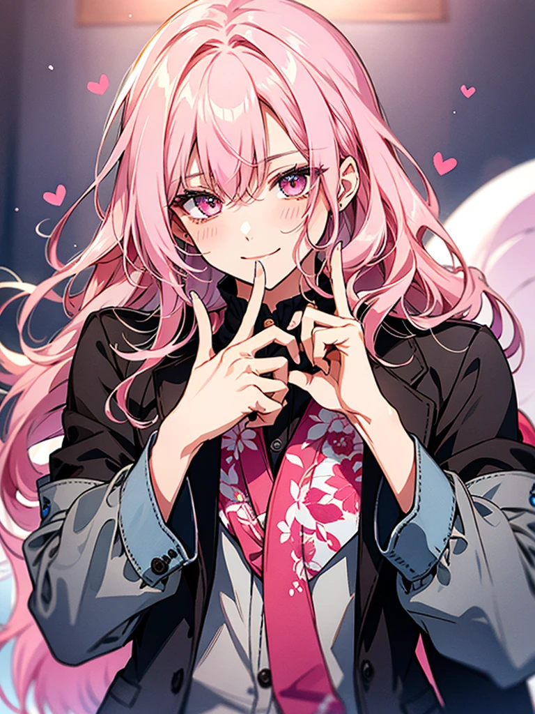 clear line drawing,  watercolor, clear shading, beautiful young man, slim,finger heart, Fashionable everyday wear, convey love, inner strength, ❤️, loves it,high quality, Amount to draw, pixiv illustration,smile, {{{man make heart symbol with fingers,make heart symbol with index fingers and middle fingers}}},mail,pink hair,pink eyes