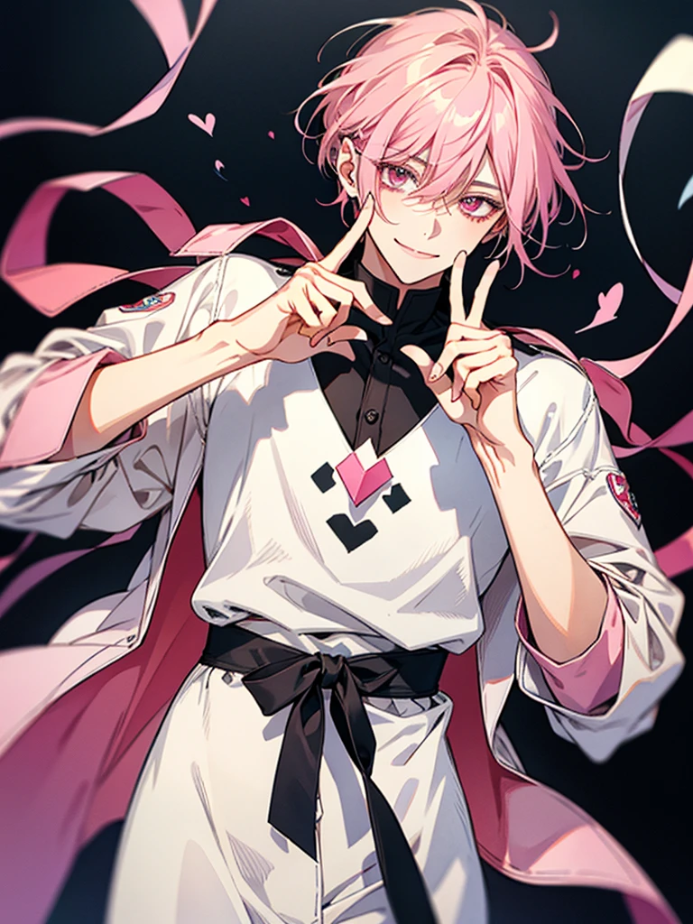 clear line drawing, transparent watercolor, clear shading, beautiful young man, slim,finger heart, Fashionable everyday wear, convey love, inner strength, ❤️, loves it,high quality, Amount to draw, pixiv illustration,smile, {{{man make heart symbol with fingers,make heart symbol with index fingers and middle fingers}}},mail,pink hair,pink eyes