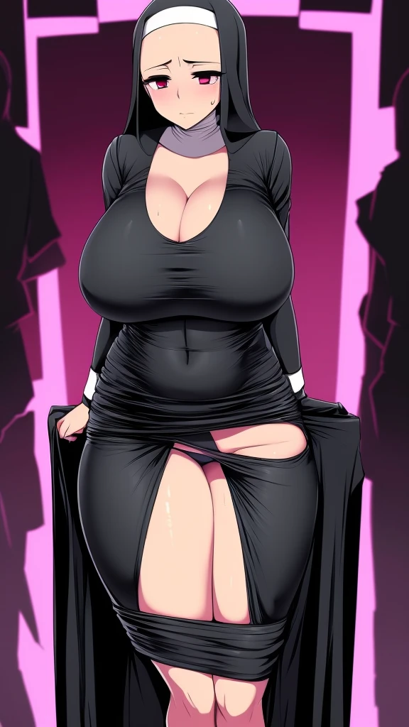  a woman nun big   bored serious sad emo sleepless eye sleep tired short black hair mencho her pink eye wears a suit nuns damaged scratch broken shows navel and a long black skirt damaged broken dirty burned she mega giant 