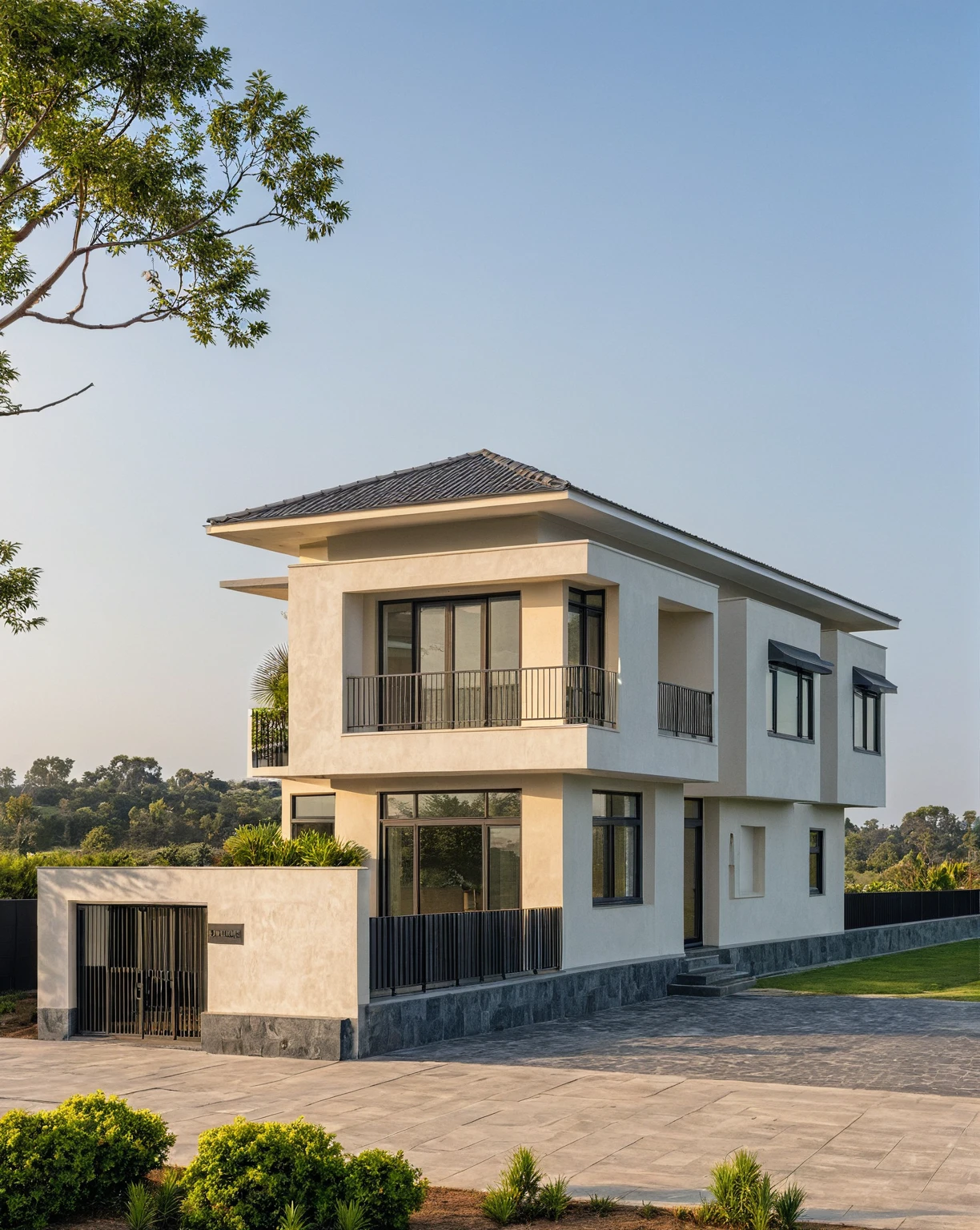 head of'artwork, High quality, best quality, authentique, great detail, En plein air, villa de plain-piedXL, credit group, style de maison moderne dans la rue ,stairs, white wall ,road,pavement, grass, trees, sky, nuvens, (day light:1.1)