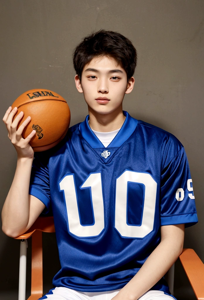 20-year-old male、Wearing Casey、Sitting in a chair、Holding the ball in your right hand、Right hand raised high、I'm in a sports facility